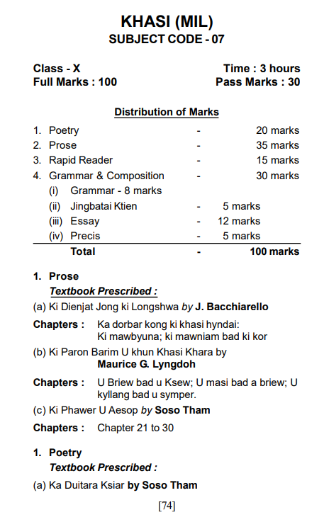 SEBA CLASS 10th KHASI (MIL) Syllabus 2025-26