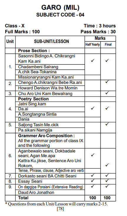 Assam Class 10th syllabus Garo (MIL) 2025-26