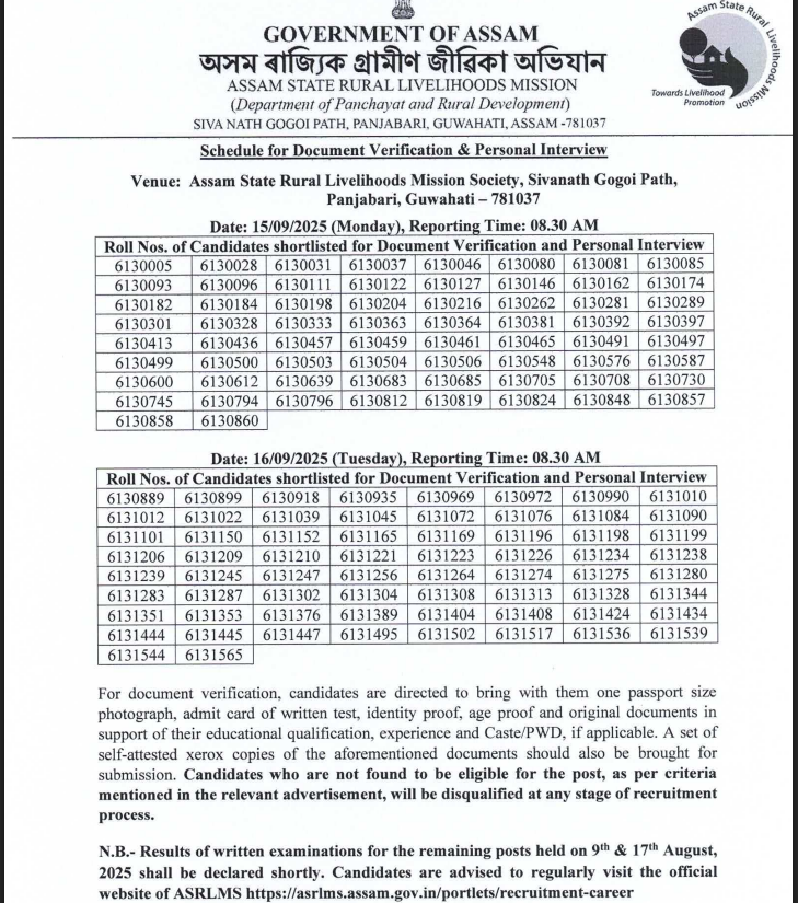 ASRLM Block Accountant Document Verification Personal Interview dates 2025