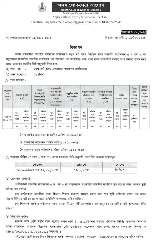 APSC Grade-IV Recruitment 2025 Official Notification